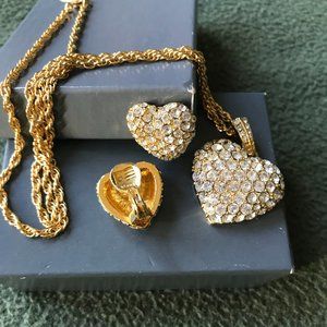 Vintage Monet Pave Heart Necklace & Earrings Set